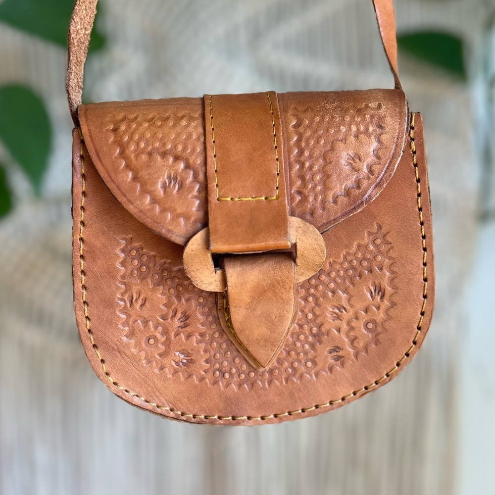 Vintage Tooled Leather Mini Crossbody Bag Handcrafted Boho Western Floral Purse